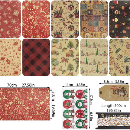 Christmas Wrapping Paper Set – 10 Kraft Sheets with 8 Stickers & Ribbon