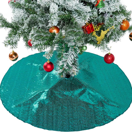Christmas Tree Skirt, 24" Round – Teal Sequin with Sparkly Small Ornaments for Holiday Parties