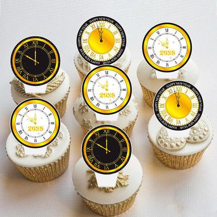 48-Piece 2026 NYE Clock Cupcake Toppers – Happy New Year Party Decor