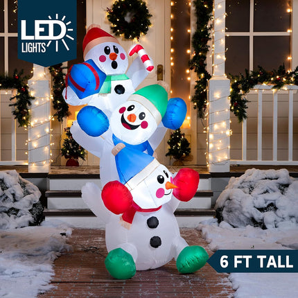 6ft Inflatable Stacked Snowman with Built-in LEDs, Indoor/Outdoor Xmas Decor