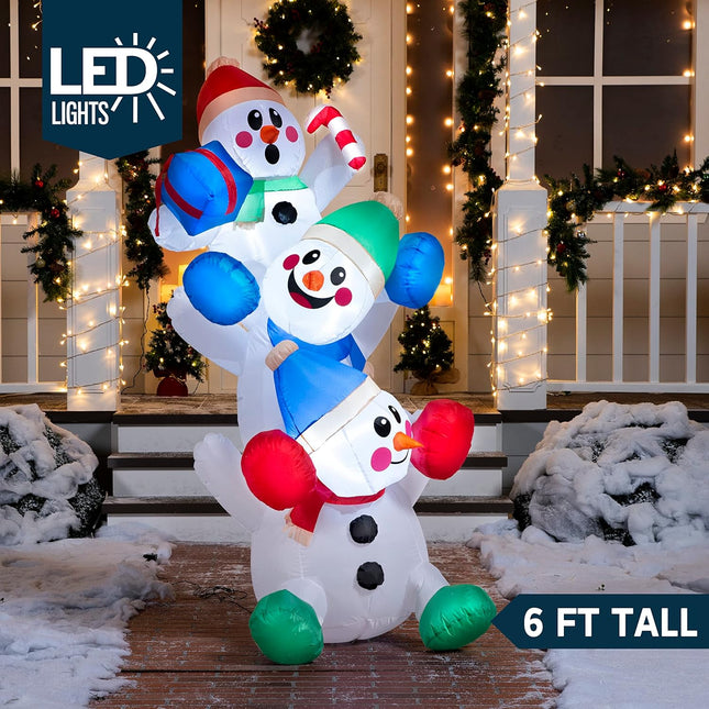 6ft Inflatable Stacked Snowman with Built-in LEDs, Indoor/Outdoor Xmas Decor