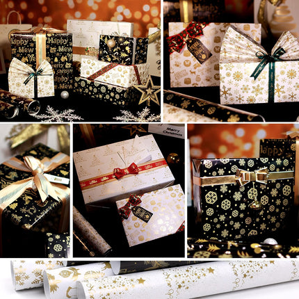 6 Sheets Christmas Wrapping Paper – Black & Gold Snowflake Elk Gift Set