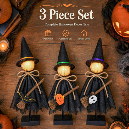 3-Piece Lighted Halloween Witch Figurines, Wooden Stand, 3 Modes Table Decor