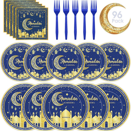 96 Pcs Ramadan Plates & Napkins Set – Blue Gold Eid Mubarak, Serves 24