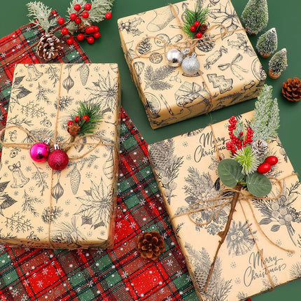 Brown Christmas Wrapping Paper 6 Sheets 27x37 Inch Rustic Vintage Design