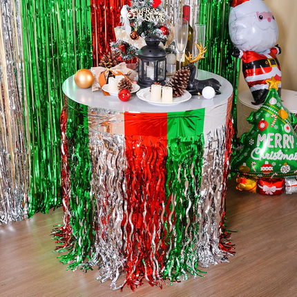 2 Pack Christmas Tinsel Table Skirts – Red, White & Green Foil Fringe Decor