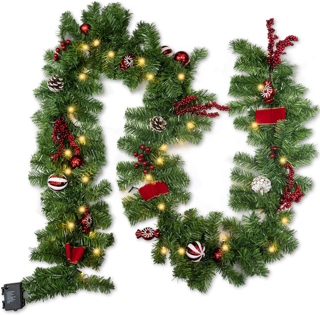 9FT Artificial Christmas Garland, Pre-Lit with 50 LED Lights, Battery Operated for Festive Decor