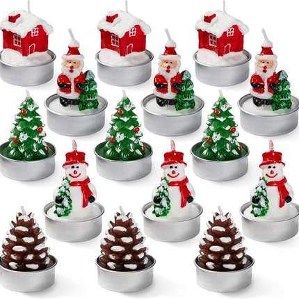 Christmas Tea Light Candles, Mini Unscented Set of 5 with Xmas Tree, Santa, Snowman, Pinecone Designs