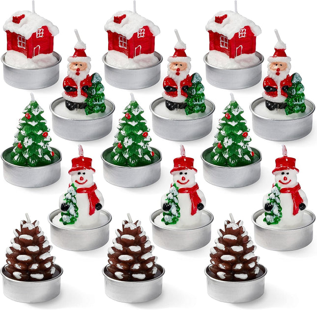 Christmas Tea Light Candles, Mini Unscented Set of 5 with Xmas Tree, Santa, Snowman, Pinecone Designs