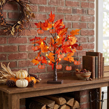 2FT Lighted Maple Leaf Tree, 24 LED Lights & 12 Wood Pumpkin Ornaments, Fall Decor