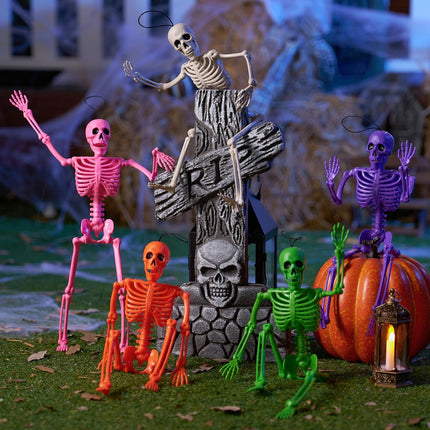 5-Piece 16in Posable Halloween Skeletons, Movable Hanging Graveyard & Yard Decor