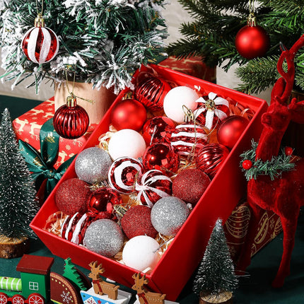 24 Pcs Red & White Mini Christmas Ball Ornaments, Glitter Shatterproof Candy Balls