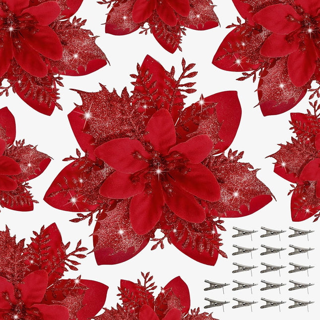 15PCS Christmas Poinsettia Ornaments – Glitter Flowers with Clips & Stems