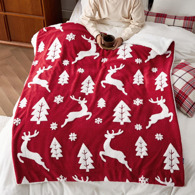 Christmas Couch Throw Blanket Red Sherpa Deer, 50"x60", Gift for Women