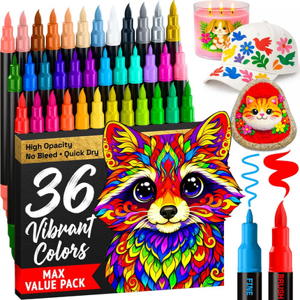 36 Acrylic Paint Markers – Brush & Fine Tips for DIY, Fabric, Rock & Glass
