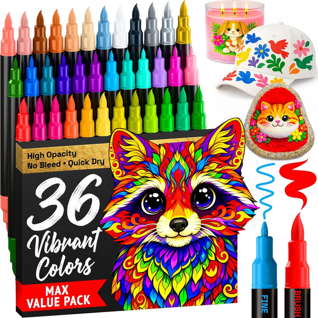 36 Acrylic Paint Markers – Brush & Fine Tips for DIY, Fabric, Rock & Glass