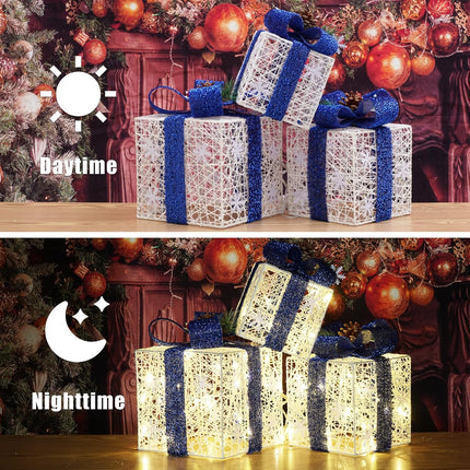 3-Pack Light-Up Christmas Gift Boxes – Warm White LED, Battery Operated, Blue Bow