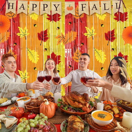 Fall Autumn Harvest Curtains 2 Pack Maple Leaf Pinecone Foil Fringe 3.3x6.6 Ft Backdrop