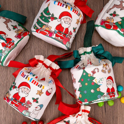 2PCS Christmas Drawstring Gift Bags Red Green Canvas Santa Bags 4x7 Inch