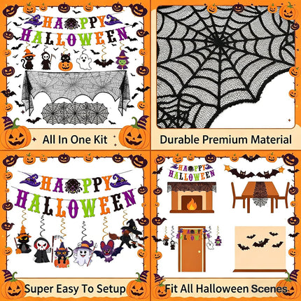 Halloween Indoor Decor Set, Happy Halloween Banner, Swirls, Spider Web & 3D Bats
