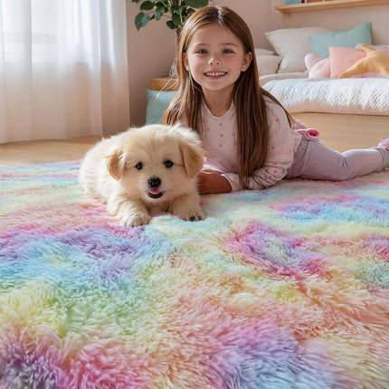 4x6 Rainbow Fluffy Shaggy Rug – Soft Plush Carpet for Girls’ Bedroom