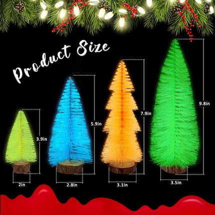 4pcs Mini Christmas Trees – Fluorescent Bottle Brush Trees with Wooden Base for Decor