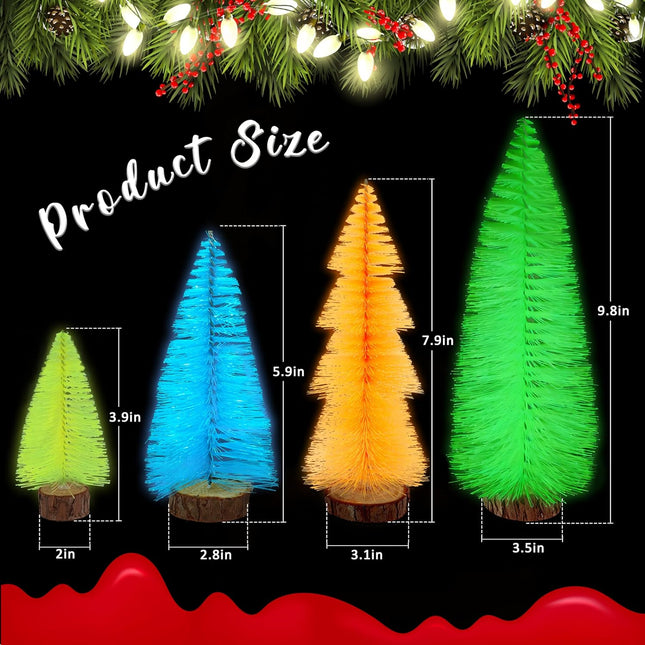 4pcs Mini Christmas Trees – Fluorescent Bottle Brush Trees with Wooden Base for Decor