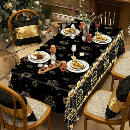 New Year 2026 Party Table Covers – 3-Pc Black & Gold Fireworks Tablecloths