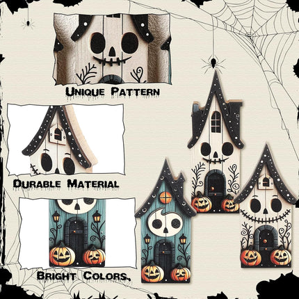 3-Piece Halloween Wooden Haunted House Signs, Pumpkin & Ghost Tiered Tray Decor