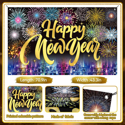 Happy New Year 2026 Banner – Fireworks Party Photo Booth Background