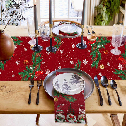 Christmas Red Table Runner – 72" Cotton Linen Gnomes & Cardinals Decor