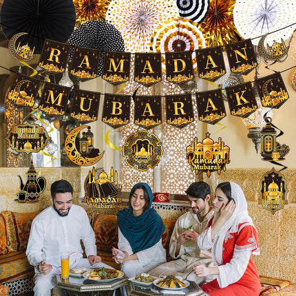 18PCS Eid Mubarak Decorations Kit: Banners, Paper Fans, Swirls & Islamic Themes