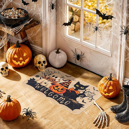 Halloween Welcome Mat 17x26.8in, Ghost Cat Pumpkin Design, Non-Slip Entryway Rug