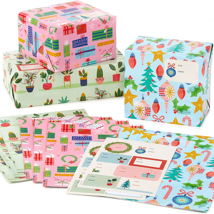 12PCS Cute Christmas Wrapping Paper Sheets – Pink & Mint with Gift Tags
