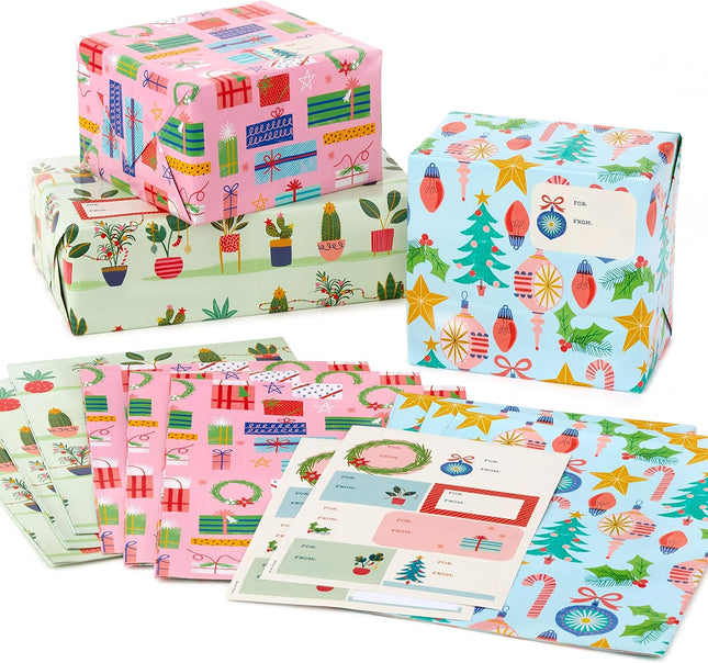 12PCS Cute Christmas Wrapping Paper Sheets – Pink & Mint with Gift Tags