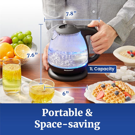 Elite Gourmet 1L BPA-Free Glass Electric Kettle 1100W Blue LED EKT1001