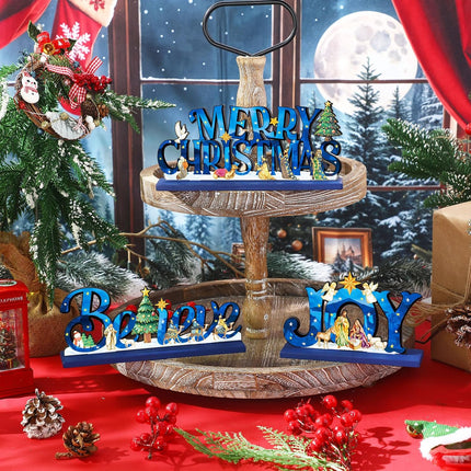 3-Pc Wooden Nativity Table Decor – Christian Christmas Centerpiece Set (Blue)