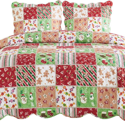 Christmas Quilt for Queen Bed Red Patchwork Printed Coverlet, Lightweight Soft