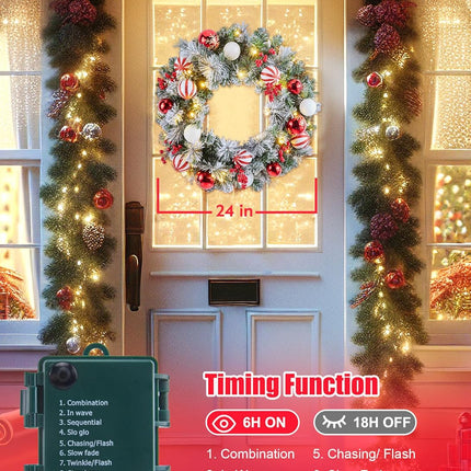 24" Pre-Lit Artificial Christmas Wreath with 50 Warm LED Lights, Pine & Red Berries