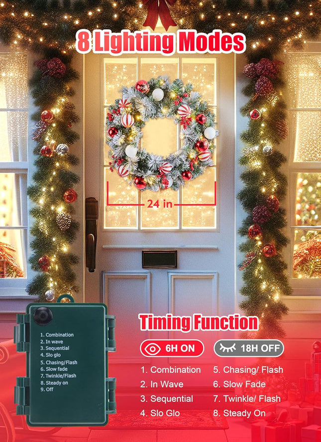 24" Pre-Lit Artificial Christmas Wreath with 50 Warm LED Lights, Pine & Red Berries