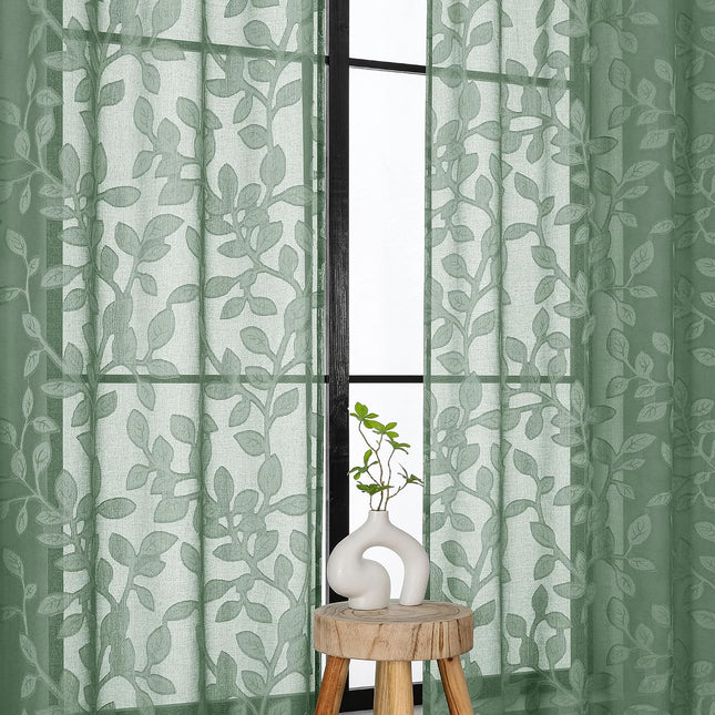 Sage Green Sheer Curtains 84 Inch Long, 2 Jacquard Leaf Pattern Light Filtering Panels