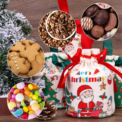 2PCS Christmas Drawstring Gift Bags Red Green Canvas Santa Bags 4x7 Inch