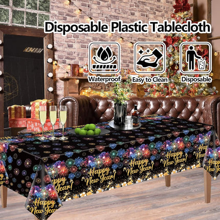 Happy New Year 2026 Table Covers – 2-Pc Black & Gold Waterproof Tablecloths