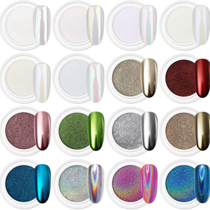 16-Jar Chrome Nail Powder Set, Mirror Silver, Holographic Aurora Pearl Pigment