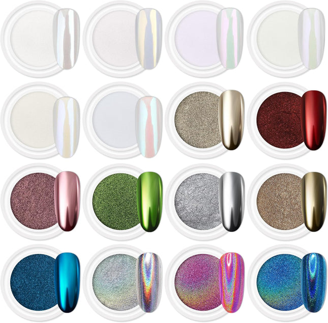 16-Jar Chrome Nail Powder Set, Mirror Silver, Holographic Aurora Pearl Pigment
