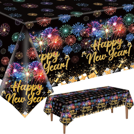 Happy New Year 2026 Table Covers – 2-Pc Black & Gold Waterproof Tablecloths