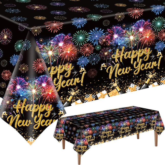 Happy New Year 2026 Table Covers – 2-Pc Black & Gold Waterproof Tablecloths