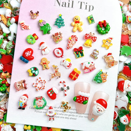 100PCS Christmas Nail Charms – 3D Resin Santa, Snowflake & Tree Designs