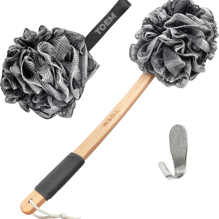 Long Handle Loofah Back Scrubber with Bamboo Charcoal, Pouf & Hook, Slate Grey