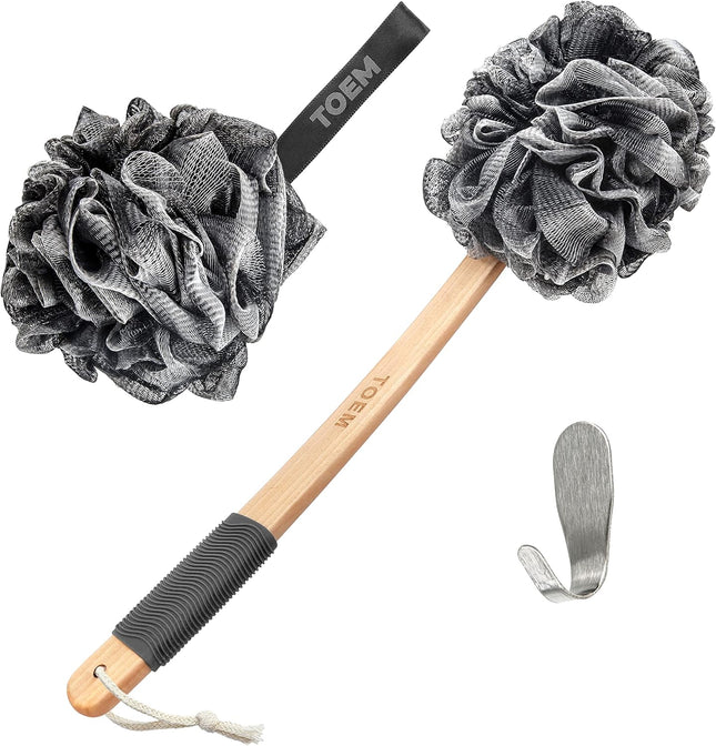 Long Handle Loofah Back Scrubber with Bamboo Charcoal, Pouf & Hook, Slate Grey
